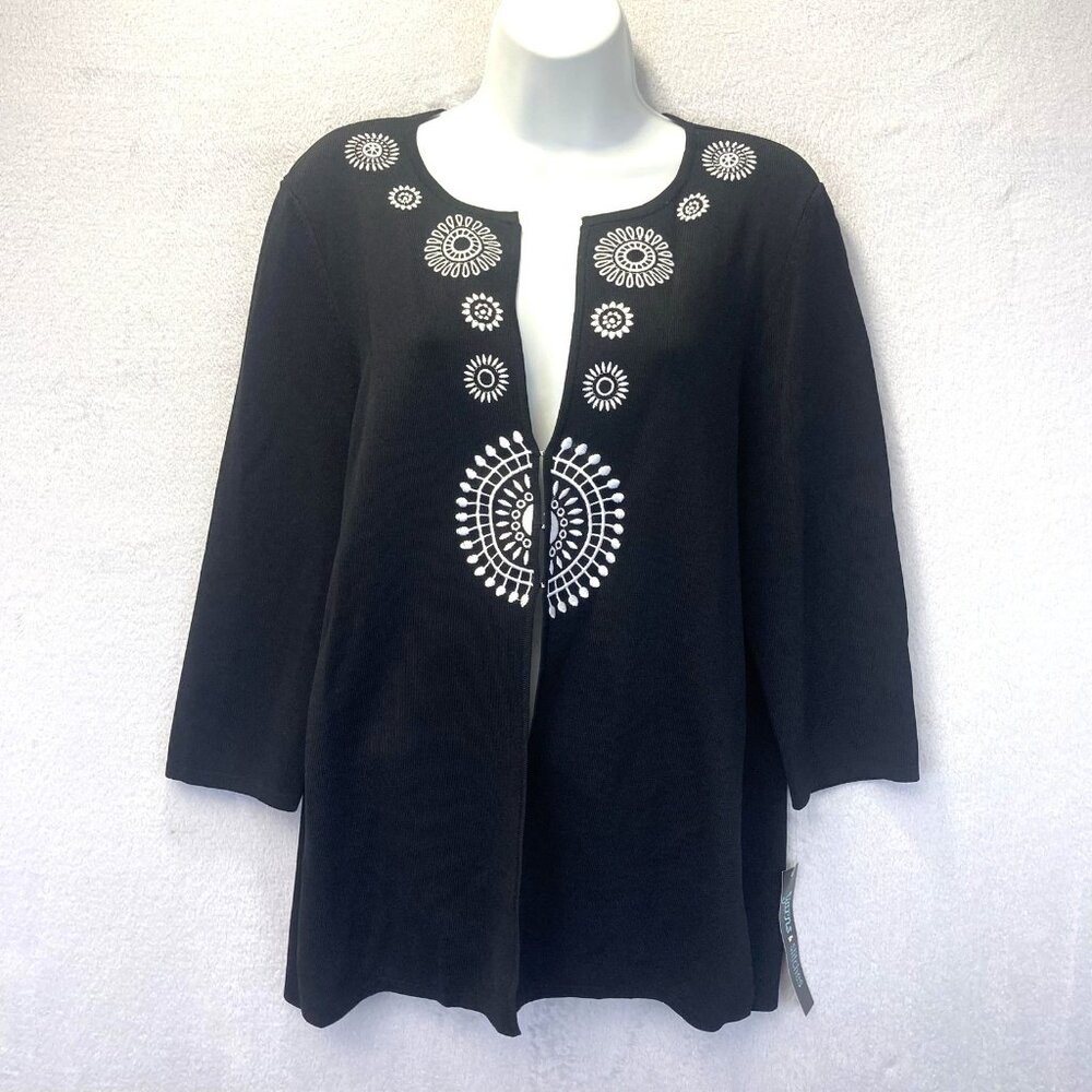 NWT Yarns & Stitches Embroidered Cardigan Sweater‎ Womens Large Black 3/4 Sleeve